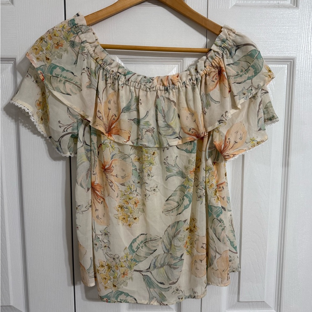 Maven West linen off the shoulder floral top